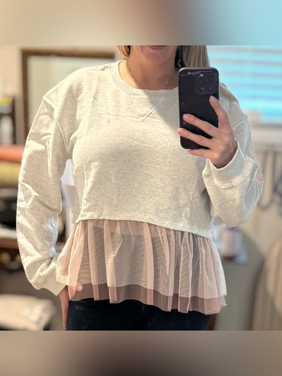 Hem & Thread Tops - Hem & Thread Gray Pullover with Blush Tulle Tiered Hem